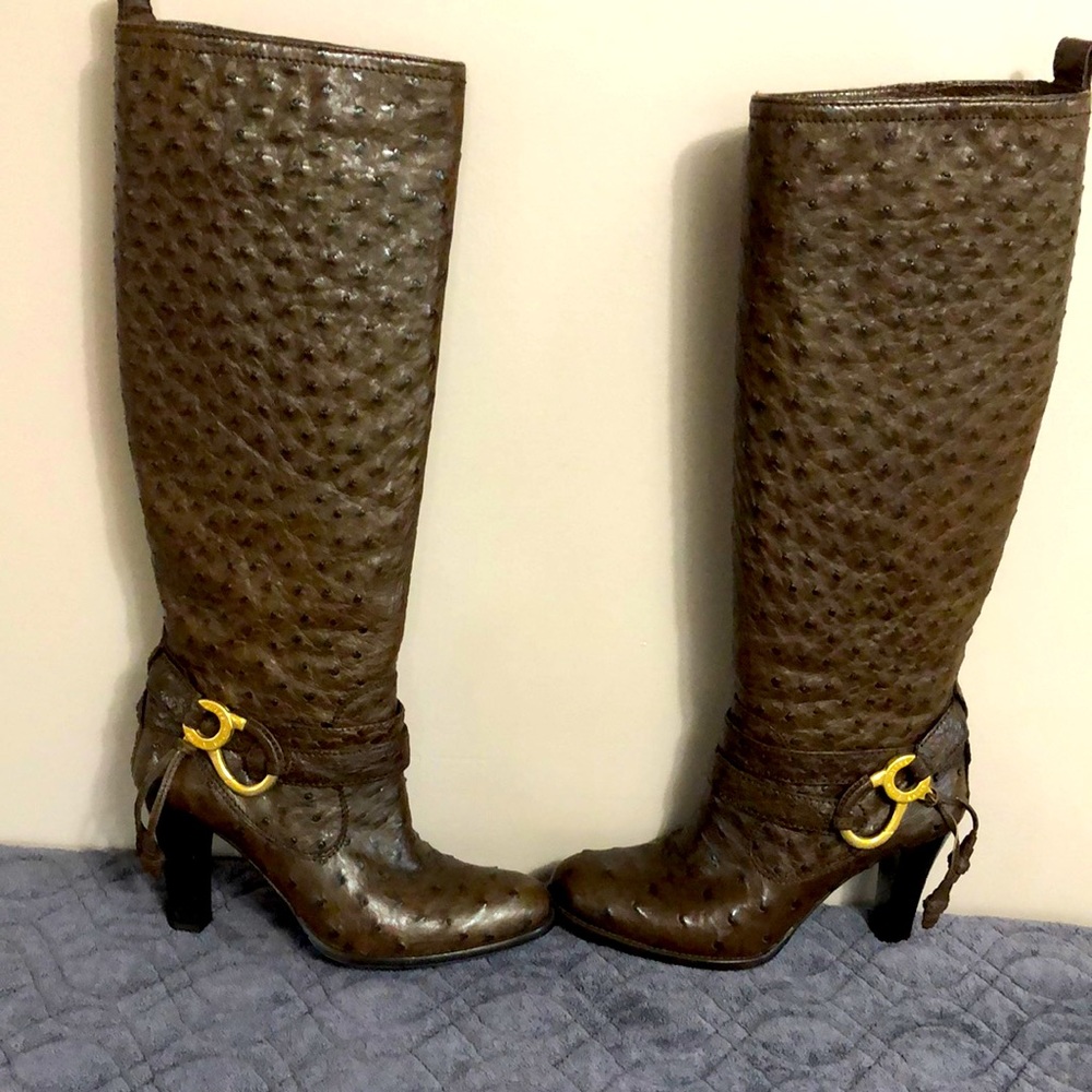 Bally genuine Ostrich boots. Chocolate Brown.